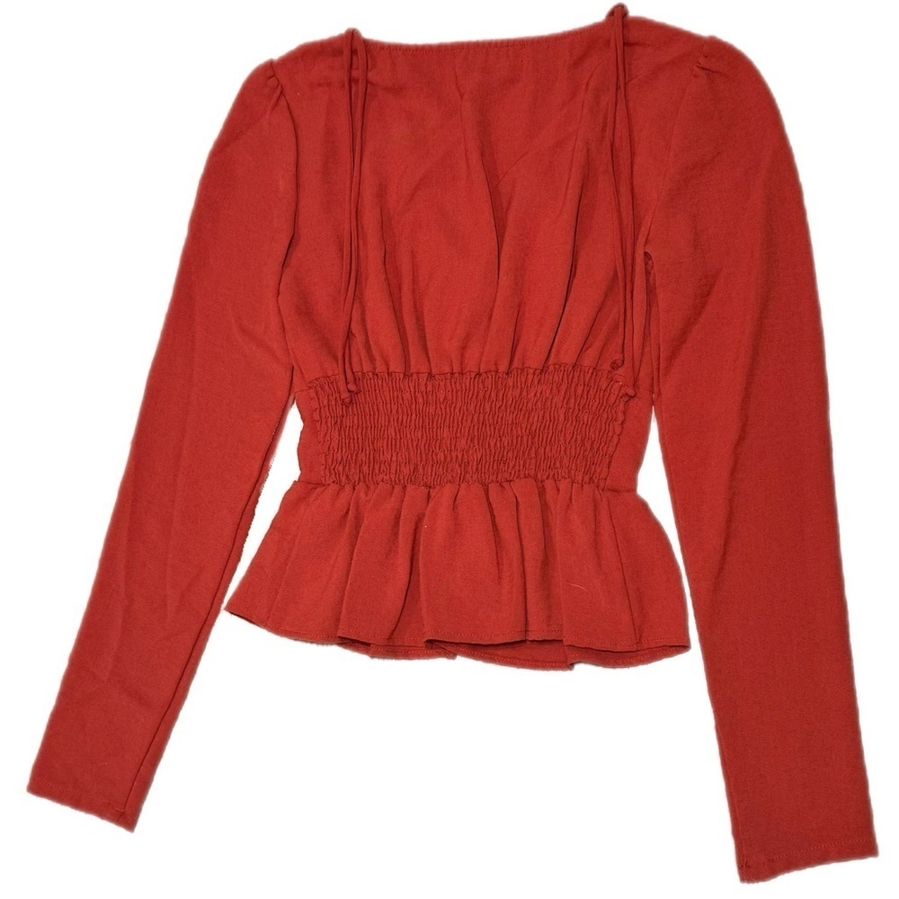 Louna Designer Blouse Red Orange Ruffle Hem Cinched Waist Long Sleeve Sz XS - Picture 7 of 9
